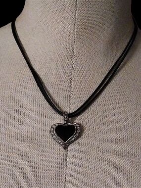 Heart Pendant Necklace with Black Inlay and Crystal Accents
